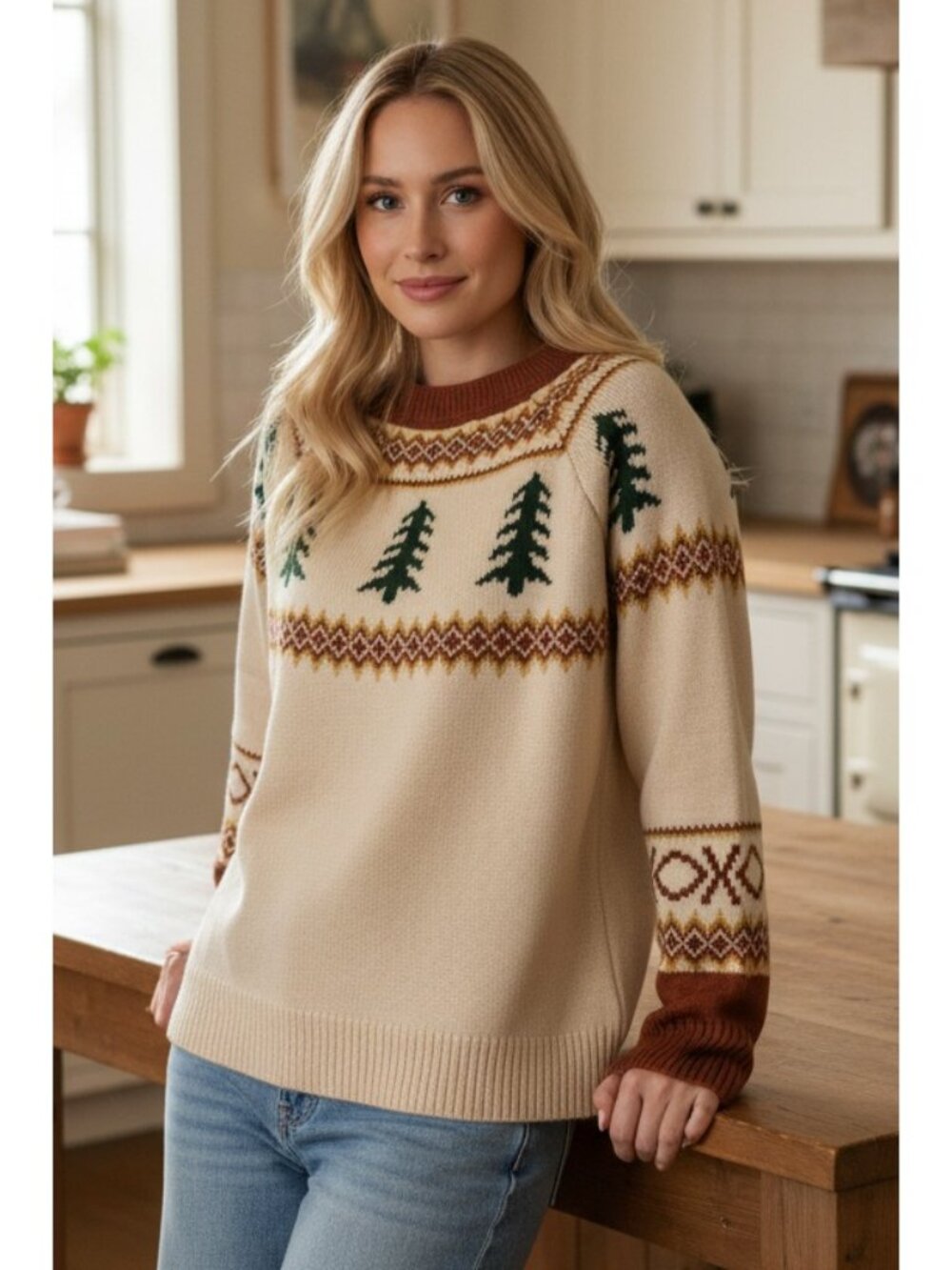 Pine Tree Fair Isle Round Neck Long Sleeve Nordic Fall Cottage Knit Sweater